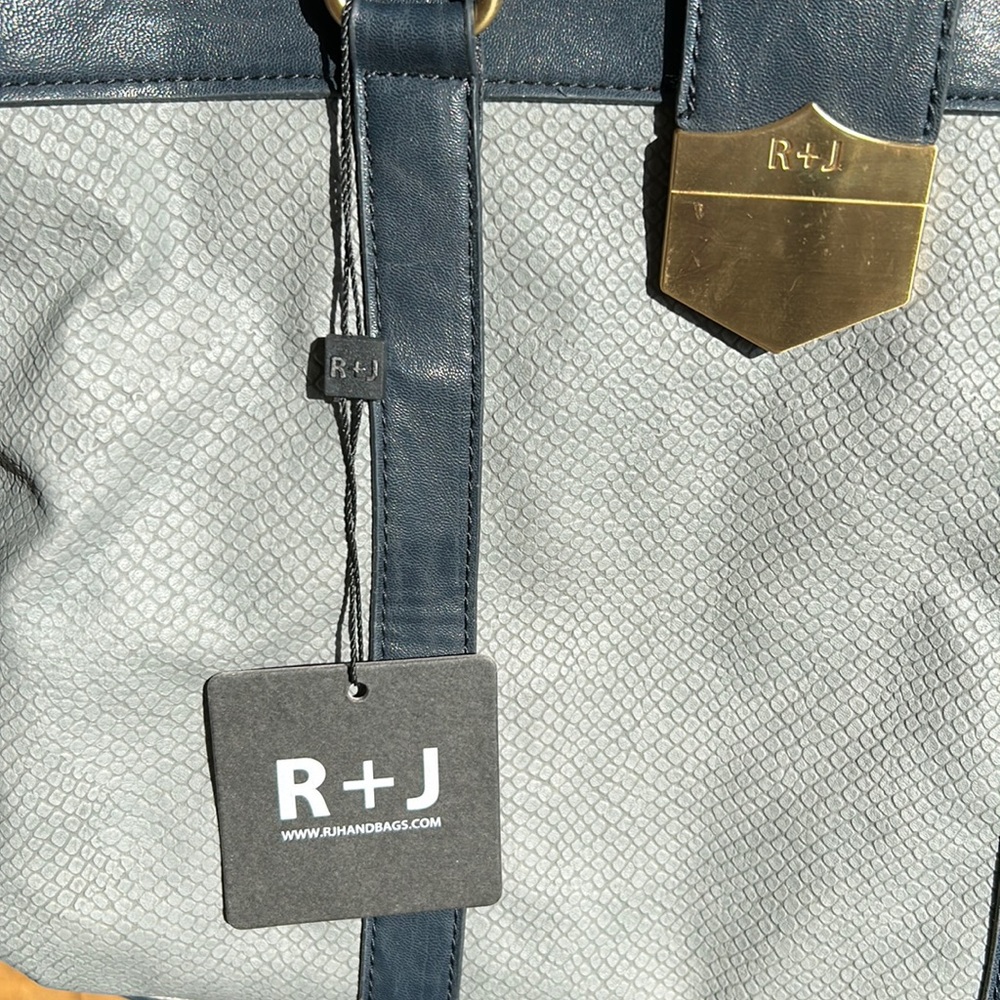 R+J Karalyn Grey Snakeskin Embossed Satchel Handbag‎ Navy Trim NWT HK-217-KAR